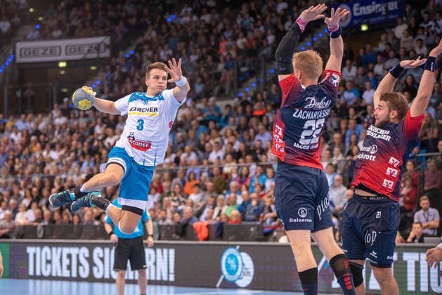 Max Häfner TVB 1898 Stuttgart , and Anders Zachariassen SG Flensburg Handewitt Germany, Stuttgart, 02 11 2019, HaBa, BuLi TVB 1898 Stuttgart vs. SG Flensburg Handewitt, Porsche Arena