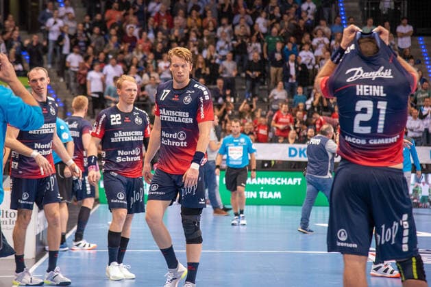 Anders Zachariassen SG Flensburg Handewitt , Simon Jeppsson SG Flensburg Handewitt and Jacob Heinl SG Flensburg Handewitt all disappointed Germany, Stuttgart, 02 11 2019, HaBa, BuLi TVB 1898 Stuttgart vs SG Flensburg Handewitt, Porsche Arena