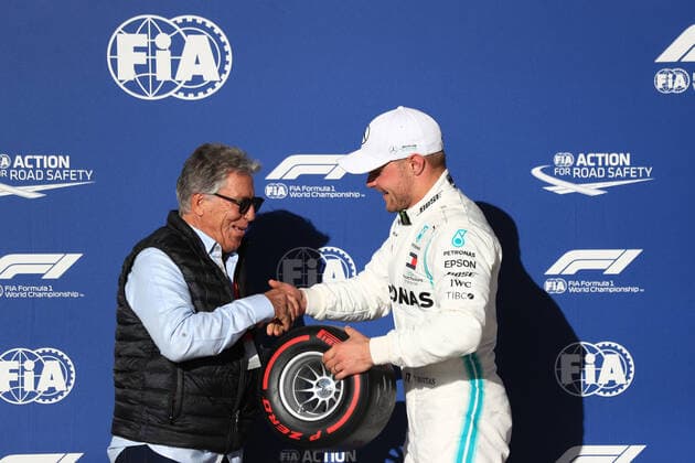 2nd November 2019; Circuit of the Americas, Austin, Texas, United States of America; Formula 1 United Sates Grand Prix, qualifying day; Mercedes AMG Petronas Motorsport, Valtteri Bottas finishes in pole and receives the Pirelli Pole Position Award from the Pirelli Representative, 1978 F1 World Champion Mario Andretti - Editorial Use  ActionPlus12183758 LeannexBoon