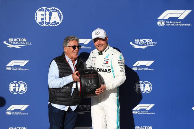 2nd November 2019; Circuit of the Americas, Austin, Texas, United States of America; Formula 1 United Sates Grand Prix, qualifying day; Mercedes AMG Petronas Motorsport, Valtteri Bottas finishes in pole and receives the Pirelli Pole Position Award from the Pirelli Representative, 1978 F1 World Champion Mario Andretti - Editorial Use  ActionPlus12183759 LeannexBoon