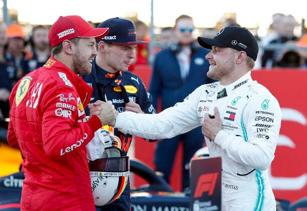 Motorsports: FIA Formula One World Championship, WM, Weltmeisterschaft 2019, Grand Prix of United States, 5 Sebastian Vettel (GER, Scuderia Ferrari Mission Winnow), 33 Max Verstappen (NLD, Aston Martin Red Bull Racing), 77 Valtteri Bottas (FIN, Mercedes AMG Petronas Motorsport), Austin United States of America