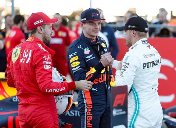 Motorsports: FIA Formula One World Championship, WM, Weltmeisterschaft 2019, Grand Prix of United States, 5 Sebastian Vettel (GER, Scuderia Ferrari Mission Winnow), 33 Max Verstappen (NLD, Aston Martin Red Bull Racing), 77 Valtteri Bottas (FIN, Mercedes AMG Petronas Motorsport), Austin United States of America