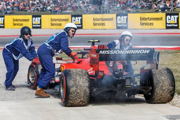 AUSTIN, TX - NOVEMBER 02: Reclamation efforts for Scuderia Ferrari Mission Winnow driver Charles Leclerc (16) after engine failure approaching turn 19 during Practice P3 at the F1 United States Grand Prix held November 2, 2019, at the Circuit of the Americas in Austin, TX. (Photo by Allan Hamilton Icon Sportswire) AUTO: NOV 02 F1 - United States Grand Prix Icon191102171