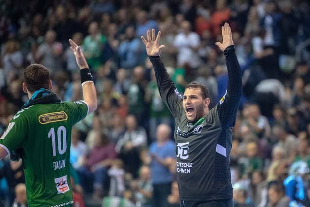Handball Berlin 03 11 2019 1 Bundesliga HBL Season 2019 2020 Foxes Berlin Rhine Neckar Lion Dejan Milosavljev Foxes Berlin, TW, No 96 Jubel