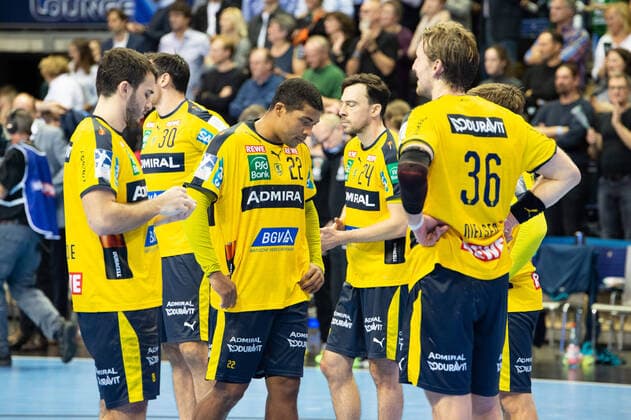 v l Mads Mensah Larsen RN Loewen, Patrick Groetzki RN Loewen, Jesper Nielsen RN Loewen, Fuechse Berlin vs. RN Loewen, 03 11 19, GER, Berlin, 03 11 19, HBL, Fuechse Berlin vs. RN Loewen, Berlin Copyright: xUwexKoch xEibner-Pressefotox EP_ukh