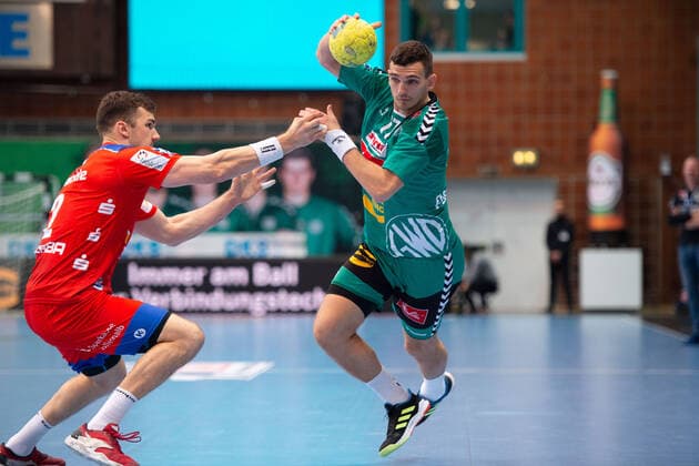 Minden, Germany 03 11 2019 1 Handball Bundesliga 2019 2020 GWD Minden vs HBW Balingen Weilstetten L R Rene Zobel Balingen , Aliaksandr Padshyvalau Minden Minden Nordrhein Westfalen Germany Kampa Halle
