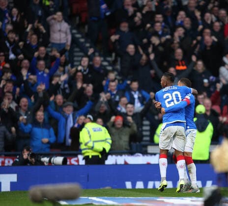 3rd November 2019; Hampden Park, Glasgow, Scotland; Scottish League Cup Football, Rangers versus Heart of Midlothian; Alfredo Morelos and James Tavernier of Rangers celebrate their second goal in the 47th minute - Editorial Use  ActionPlus12184072 VagelisxGeorgariou