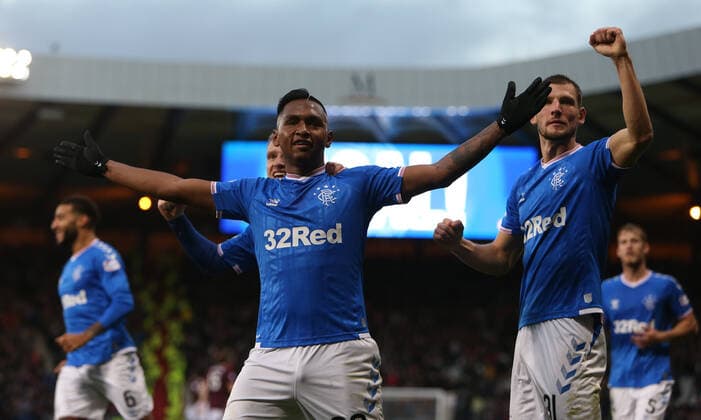 3rd November 2019; Hampden Park, Glasgow, Scotland; Scottish League Cup Football, Rangers versus Heart of Midlothian; Alfredo Morelos of Rangers celebrates after he makes it 3-0 to Rangers in the 62nd minute  ActionPlus12184140 VagelisxGeorgariou