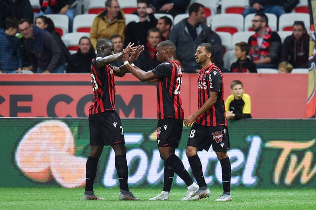 23 MALANG SARR (NICE) - 25 WYLAN CYPRIEN (NICE) - 18 ALEXIS CLAUDE MAURICE (NICE) - JOIE FOOTBALL : Nice vs Reims - Ligue 1 Conforama - 03 11 2019 FEP Panoramic 