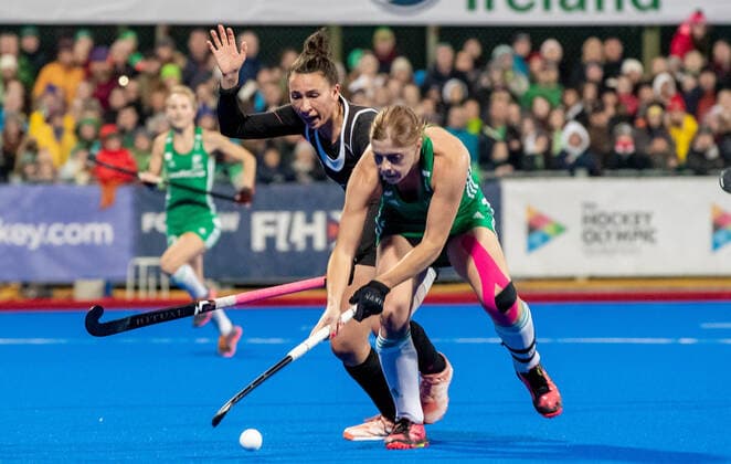 Women s FIH Olympic Hockey Qualifier Second Leg, Energia Park, Donnybrook, Co. Dublin 3 11 2019 Ireland vs Canada Ireland s Kathryn Mullan with Sara McManus of Canada Kathryn Mullan with Sara McManus 3 11 2019  Copyright: x©INPHO MorganxTreacyx EA3I1320