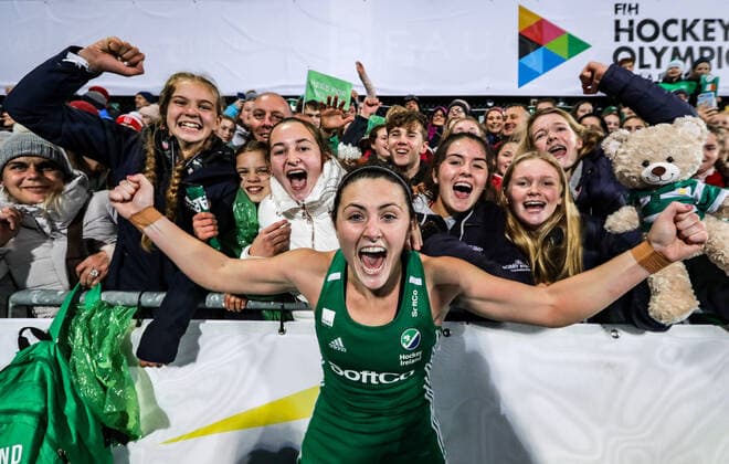 Women s FIH Olympic Hockey Qualifier Second Leg, Energia Park, Donnybrook, Co. Dublin 3 11 2019 Ireland vs Canada Ireland s Roisin Upton celebrates with fans Roisin Upton celebrates with fans 3 11 2019  Copyright: x©INPHO MorganxTreacyx DW6I2457