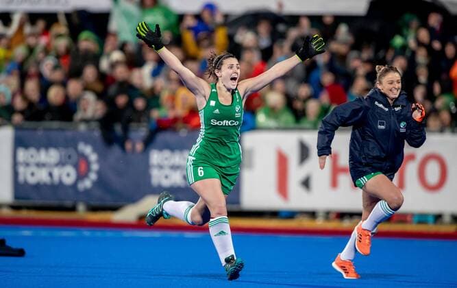 Women s FIH Olympic Hockey Qualifier Second Leg, Energia Park, Donnybrook, Co. Dublin 3 11 2019 Ireland vs Canada Ireland s Roisin Upton and Gillian Pinder celebrate the moment they qualified for the 2020 Tokyo Olympics Roisin Upton and Gillian Pinder celebrate the moment they qualified for the 2020 Tokyo Olympics 3 11 2019  Copyright: x©INPHO MorganxTreacyx DW6I2104