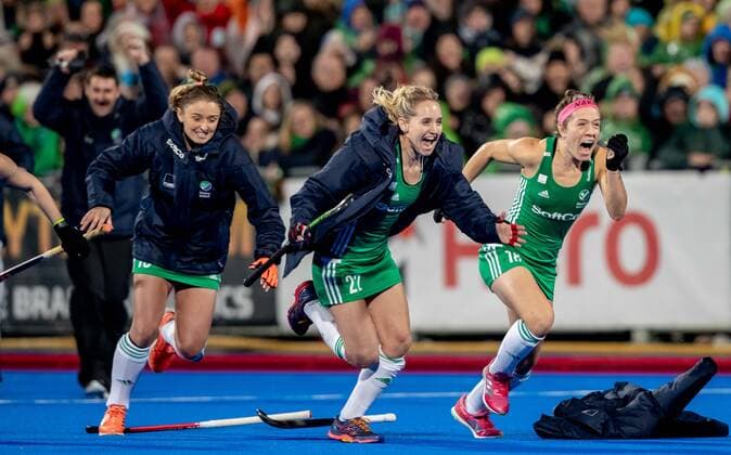 Women s FIH Olympic Hockey Qualifier Second Leg, Energia Park, Donnybrook, Co. Dublin 3 11 2019 Ireland vs Canada Irish players Gillian Pinder, Nicola Daly and Bethany Barr celebrate the moment they qualified for the 2020 Tokyo Olympics Gillian Pinder, Nicola Daly and Bethany Barr celebrate the moment they qualified for the 2020 Tokyo Olympics 3 11 2019  Copyright: x©INPHO MorganxTreacyx DW6I2079