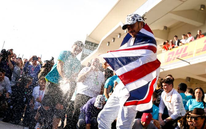 Motorsports: FIA Formula One World Championship, WM, Weltmeisterschaft 2019, Grand Prix of United States, 44 Lewis Hamilton (GBR, Mercedes AMG Petronas Motorsport) celebrates winning the F1 World Drivers Championship 2019 Austin United States of America