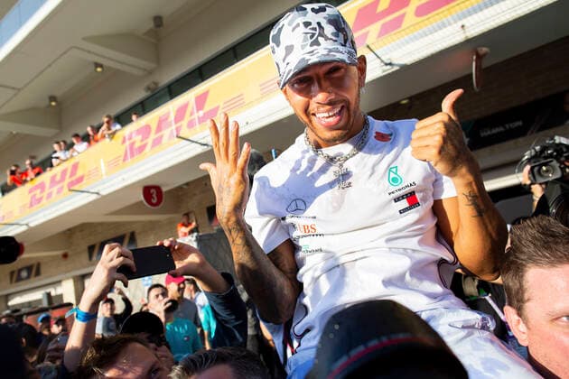 Motorsports: FIA Formula One World Championship, WM, Weltmeisterschaft 2019, Grand Prix of United States, 44 Lewis Hamilton (GBR, Mercedes AMG Petronas Motorsport) celebrates winning the F1 World Drivers Championship 2019 Austin United States of America