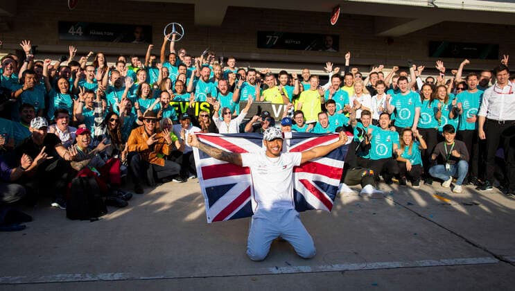 Motorsports: FIA Formula One World Championship, WM, Weltmeisterschaft 2019, Grand Prix of United States, 44 Lewis Hamilton (GBR, Mercedes AMG Petronas Motorsport) celebrates winning the F1 World Drivers Championship 2019 Austin United States of America