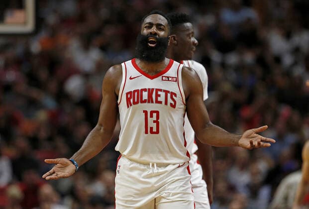 November 3, 2019, Miami, FL, USA: Houston Rockets guard James Harden (13) reacts after a play in the second quarter against the Miami Heat on Sunday, Nov. 3, 2019 at the AmericanAirlines Arena in Miami, Fla. Houston Rockets vs. Miami Heat - ZUMAm67_ 20191103_zaf_m67_083 Copyright: xDavidxSantiagox