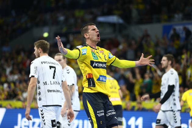 Andy Schmid Rhein Neckar Loewen Jubel, Freude, Emotionen, Rhein Neckar Loewen vs. THW Kiel, LIQUI MOLY Handball Bundesliga, 07 11 2019 Photo Eibner Rhein Neckar Loewen vs. THW Kiel, DKB Handball Bundesliga, 21 04 2019 Mannheim Copyright: xNeisx Eibner-Pressefotox EP_ans