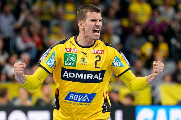 Andre Schmid Andy Schmid, RNL, 2 , cheers about a goal, jubilation, goal jubilation, goal success, celebrate the goal, goal, celebration, jubilation about the goal, optimistic, game scene, highlight, single picture, action, action, 07 11 2019, Mannheim Germany , Handball, Bundesliga, Rhein Neckar Löwen THW Kiel xozx