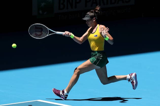 TENNIS FED CUP FINAL, Ajla Tomljanovic of Australia in action during her match against Kristina Mladenovic of France on day 1 of the Fed Cup Final tennis competition between Australia and France at RAC Arena in Perth, Saturday, November 9, 2019. ( NO ARCHIVING, EDITORIAL USE ONLY, NO USE IN BOOKS WITHOUT CONSENT PERTH WA AUSTRALIA  Copyright: xRICHARDxWAINWRIGHTx 20191109001431663289