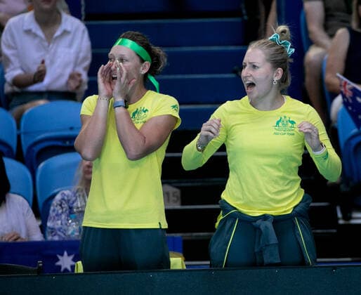 TENNIS FED CUP FINAL, Sam Stosur and Daria Gavrilova during day 1 of the Fed Cup Final tennis competition at RAC Arena in Perth, Saturday, November 9, 2019. ( NO ARCHIVING, EDITORIAL USE ONLY, NO USE IN BOOKS WITHOUT CONSENT PERTH WA AUSTRALIA  Copyright: xFIONAxHAMILTONx 20191109001431664989