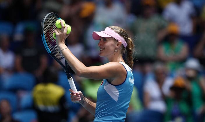 TENNIS FED CUP FINAL, Kristina Mladenovic of France reacts after winning her match against Ajla Tomljanovic of Australia on day 1 of the Fed Cup Final tennis competition between Australia and France at RAC Arena in Perth, Saturday, November 9, 2019. ( NO ARCHIVING, EDITORIAL USE ONLY, NO USE IN BOOKS WITHOUT CONSENT PERTH WA AUSTRALIA  Copyright: xGARYxDAYx 20191109001431672825