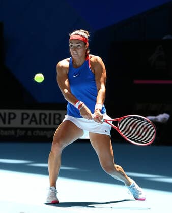 TENNIS FED CUP FINAL, Caroline Garcia of France in action during her match against Ashleigh Barty of Australia on day 1 of the Fed Cup Final tennis competition between Australia and France at RAC Arena in Perth, Saturday, November 9, 2019. ( NO ARCHIVING, EDITORIAL USE ONLY, NO USE IN BOOKS WITHOUT CONSENT PERTH WA AUSTRALIA  Copyright: xGARYxDAYx 20191109001431677915