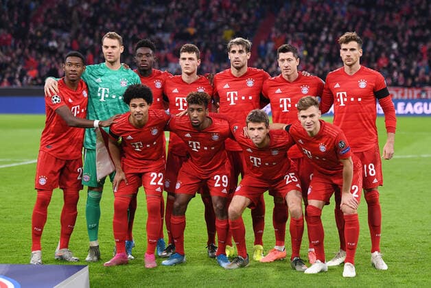 FOOTBALL CHAMPIONS LEAGUE SAISON 2019 2020 preliminary round Group B FC Bayern Muenchen Olympiakos Piraeus 06 11 2019 David Alaba, goalkeeper Manuel Neuer, Alphonso Davies, Benjamin Pavard, Javi Martinez, Robert Lewandowski, Leon Goretzka behind v left Serge Gnabry, Kingsley Coman, Thomas Mueller and Joshua Kimmich ahead v left