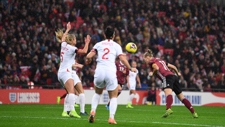 9th November 2019; Wembley Stadium, London, England; International Womens Football Friendly, England women versus Germany women; Alexandra Popp of Germany heads home the first goal in 11th minute 0-1 - Editorial Use  ActionPlus12185989 SimonxWest