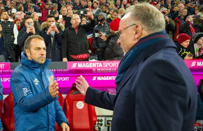 Football 1 Bundesliga 11 Matchday, FC Bayern München Borussia Dortmund on 09 11 2019 at Allianz Arena in Munich Bayern Hansi FLICK, Trainer, FCB Bayern München Muenchen, Portrait, Mimik, Halbe Figur, Gestik, Karl Heinz RUMMENIGGE, Chairman of the Board, FCB Bayern München Muenchen, DFL REGULATIONS PROHIBIT ANY USE OF PHOTOGRAPHS AS IMAGE SEQUENCES AND OR QUASI VIDEO Copyright: xKirchner ChristopherxNeundorfx