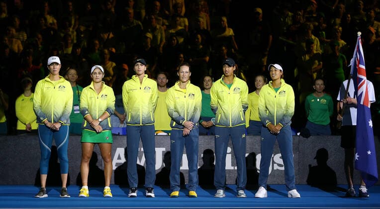 TENNIS FED CUP FINAL, The Australian players line up for the national anthem on day 2 of the Fed Cup Final tennis competition between Australia and France at RAC Arena in Perth, Saturday, November 10, 2019. ( NO ARCHIVING, EDITORIAL USE ONLY, NO USE IN BOOKS WITHOUT CONSENT PERTH WA AUSTRALIA  Copyright: xGARYxDAYx 20191110001431827015