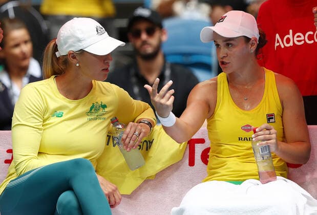 TENNIS FED CUP FINAL, Alicia Molik, team captain of Australia speaks to Ash Barty of Australia during her match against Kristina Mladenovic of France on day 2 of the Fed Cup Final tennis competition between Australia and France at RAC Arena in Perth, Saturday, November 10, 2019. ( NO ARCHIVING, EDITORIAL USE ONLY, NO USE IN BOOKS WITHOUT CONSENT PERTH WA AUSTRALIA  Copyright: xGARYxDAYx 20191110001431830005