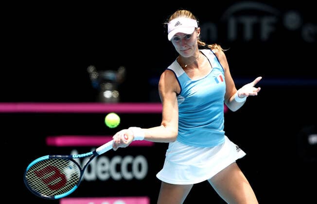 TENNIS FED CUP FINAL, Kristina Mladenovic of France in action during her match against Ash Barty of Australia on day 2 of the Fed Cup Final tennis competition between Australia and France at RAC Arena in Perth, Saturday, November 10, 2019. ( NO ARCHIVING, EDITORIAL USE ONLY, NO USE IN BOOKS WITHOUT CONSENT PERTH WA AUSTRALIA  Copyright: xGARYxDAYx 20191110001431830274
