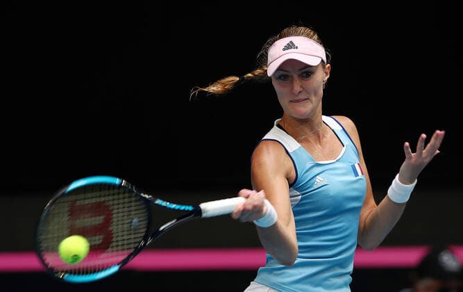 TENNIS FED CUP FINAL, Kristina Mladenovic of France in action during her match against Ash Barty of Australia on day 2 of the Fed Cup Final tennis competition between Australia and France at RAC Arena in Perth, Saturday, November 10, 2019. ( NO ARCHIVING, EDITORIAL USE ONLY, NO USE IN BOOKS WITHOUT CONSENT PERTH WA AUSTRALIA  Copyright: xGARYxDAYx 20191110001431832184