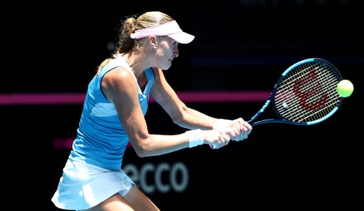 TENNIS FED CUP FINAL, Kristina Mladenovic of France in action during her match against Ash Barty of Australia on day 2 of the Fed Cup Final tennis competition between Australia and France at RAC Arena in Perth, Saturday, November 10, 2019. ( NO ARCHIVING, EDITORIAL USE ONLY, NO USE IN BOOKS WITHOUT CONSENT PERTH WA AUSTRALIA  Copyright: xGARYxDAYx 20191110001431834280