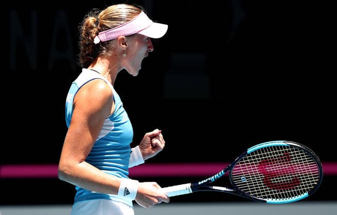 TENNIS FED CUP FINAL, Kristina Mladenovic of France in reacts during her match against Ash Barty of Australia on day 2 of the Fed Cup Final tennis competition between Australia and France at RAC Arena in Perth, Saturday, November 10, 2019. ( NO ARCHIVING, EDITORIAL USE ONLY, NO USE IN BOOKS WITHOUT CONSENT PERTH WA AUSTRALIA  Copyright: xGARYxDAYx 20191110001431834302