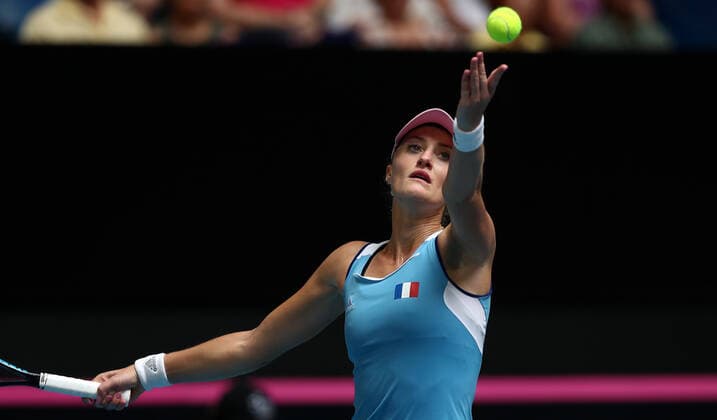 TENNIS FED CUP FINAL, Kristina Mladenovic of France in action during her match against Ash Barty of Australia on day 2 of the Fed Cup Final tennis competition between Australia and France at RAC Arena in Perth, Saturday, November 10, 2019. ( NO ARCHIVING, EDITORIAL USE ONLY, NO USE IN BOOKS WITHOUT CONSENT PERTH WA AUSTRALIA  Copyright: xGARYxDAYx 20191110001431835393