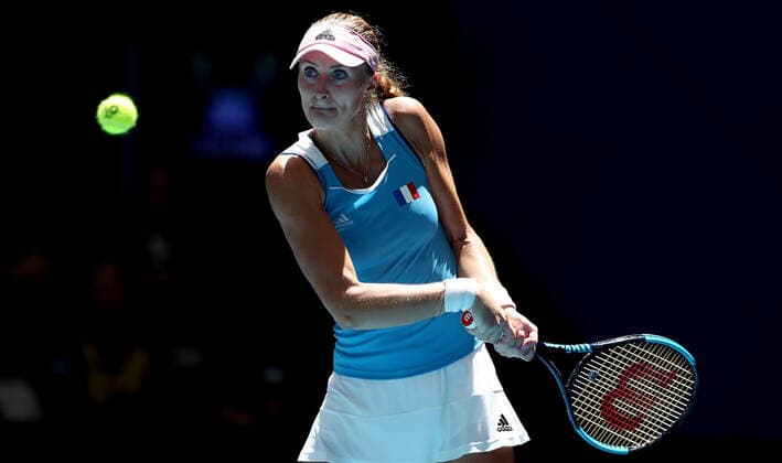 TENNIS FED CUP FINAL, Kristina Mladenovic of France in action during her match against Ash Barty of Australia on day 2 of the Fed Cup Final tennis competition between Australia and France at RAC Arena in Perth, Saturday, November 10, 2019. ( NO ARCHIVING, EDITORIAL USE ONLY, NO USE IN BOOKS WITHOUT CONSENT PERTH WA AUSTRALIA  Copyright: xGARYxDAYx 20191110001431840278