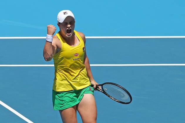TENNIS FED CUP FINAL, Ash Barty of Australia celebrates a point during her match against Caroline Garcia of France on day 2 of the Fed Cup Final tennis competition between Australia and France at RAC Arena in Perth, Sunday, November 10, 2019. ( NO ARCHIVING, EDITORIAL USE ONLY, NO USE IN BOOKS WITHOUT CONSENT PERTH WA AUSTRALIA  Copyright: xRICHARDxWAINWRIGHTx 20191110001431845543