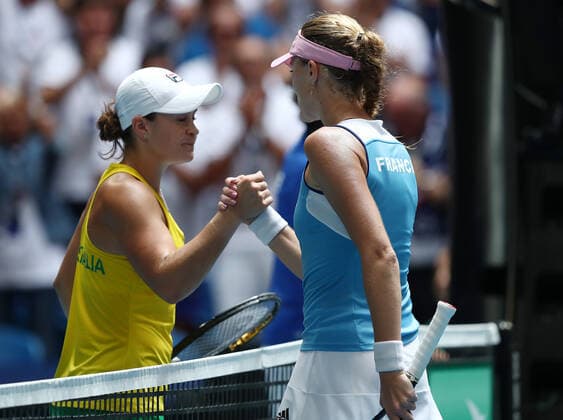 TENNIS FED CUP FINAL, Kristina Mladenovic of France shakes hands with Ash Barty of Australia after they play on day 2 of the Fed Cup Final tennis competition between Australia and France at RAC Arena in Perth, Saturday, November 10, 2019. ( NO ARCHIVING, EDITORIAL USE ONLY, NO USE IN BOOKS WITHOUT CONSENT PERTH WA AUSTRALIA  Copyright: xGARYxDAYx 20191110001431845667