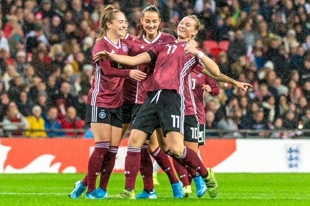 Germany captain Alexandra Popp celebrates scoring the opening goal of the game during the womens International Friendly, Länderspiel, Nationalmannschaft between England and Germany at Wembley Stadium in London, England. Germany ultimately won the game 2-1 with the winner coming in the 90th minute. England v Germany 
