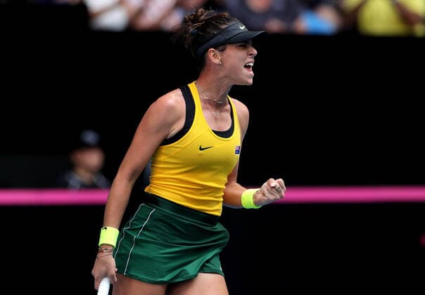 Sport Bilder des Tages TENNIS FED CUP FINAL, Ajla Tomljanovic of Australia reacts after winning a game during her match against Pauline Parmentier of France on day 2 of the Fed Cup Final tennis competition between Australia and France at RAC Arena in Perth, Sunday, November 10, 2019. ( NO ARCHIVING, EDITORIAL USE ONLY, NO USE IN BOOKS WITHOUT CONSENT PERTH WA AUSTRALIA  Copyright: xRICHARDxWAINWRIGHTx 20191110001431865294
