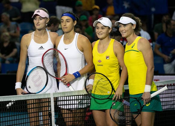 TENNIS FED CUP FINAL, Kristina Mladenovic, Caroline Garcia, Ash Barty and Sam Stosur during day 2 of the Fed Cup Final tennis competition at RAC Arena in Perth, Sunday, November 10, 2019. ( NO ARCHIVING, EDITORIAL USE ONLY, NO USE IN BOOKS WITHOUT CONSENT PERTH WA AUSTRALIA  Copyright: xFIONAxHAMILTONx 20191110001431869580