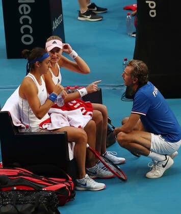 TENNIS FED CUP FINAL, Caroline Garcia and Kristina Mladenovic of France talk to team captain Julien Benneteu during the doubles match against Ash Barty and Sam Stosur of Australia on day 2 of the Fed Cup Final tennis competition between Australia and France at RAC Arena in Perth, Saturday, November 10, 2019. ( NO ARCHIVING, EDITORIAL USE ONLY, NO USE IN BOOKS WITHOUT CONSENT PERTH WA AUSTRALIA  Copyright: xGARYxDAYx 20191110001431872333