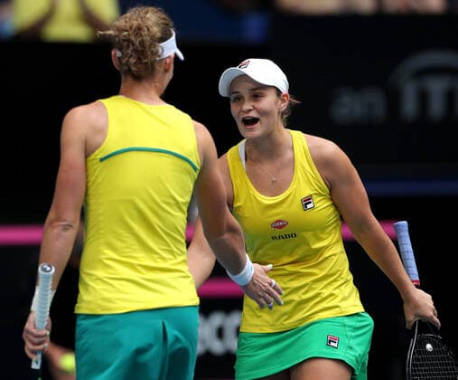 TENNIS FED CUP FINAL, Ash Barty and Sam Stosur of Australia in action during the doubles match against Caroline Garcia and Kristina Mladenovic of France on day 2 of the Fed Cup Final tennis competition between Australia and France at RAC Arena in Perth, Sunday, November 10, 2019. ( NO ARCHIVING, EDITORIAL USE ONLY, NO USE IN BOOKS WITHOUT CONSENT PERTH WA AUSTRALIA  Copyright: xRICHARDxWAINWRIGHTx 20191110001431873245