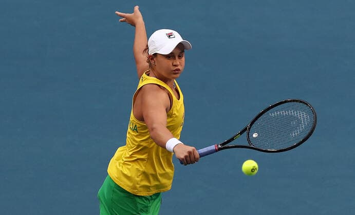TENNIS FED CUP FINAL, Ash Barty of Australia in action during the doubles match against Caroline Garcia and Kristina Mladenovic of France on day 2 of the Fed Cup Final tennis competition between Australia and France at RAC Arena in Perth, Saturday, November 10, 2019. ( NO ARCHIVING, EDITORIAL USE ONLY, NO USE IN BOOKS WITHOUT CONSENT PERTH WA AUSTRALIA  Copyright: xGARYxDAYx 20191110001431873346
