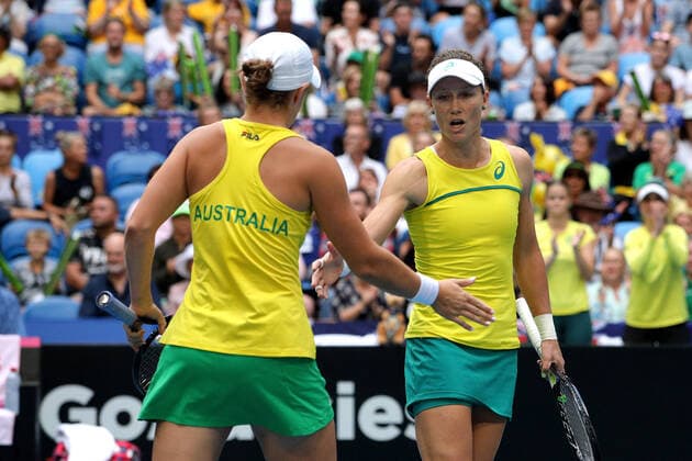 TENNIS FED CUP FINAL, Ash Barty and Sam Stosur of Australia congratulate each other during the doubles match against Caroline Garcia and Kristina Mladenovic of France on day 2 of the Fed Cup Final tennis competition between Australia and France at RAC Arena in Perth, Sunday, November 10, 2019. ( NO ARCHIVING, EDITORIAL USE ONLY, NO USE IN BOOKS WITHOUT CONSENT PERTH WA AUSTRALIA  Copyright: xRICHARDxWAINWRIGHTx 20191110001431874109