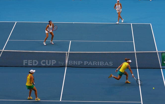 TENNIS FED CUP FINAL, Sam Stosur of Australia in action partnered with Ash Barty during the doubles match against Caroline Garcia and Kristina Mladenovic of France on day 2 of the Fed Cup Final tennis competition between Australia and France at RAC Arena in Perth, Saturday, November 10, 2019. ( NO ARCHIVING, EDITORIAL USE ONLY, NO USE IN BOOKS WITHOUT CONSENT PERTH WA AUSTRALIA  Copyright: xGARYxDAYx 20191110001431874418