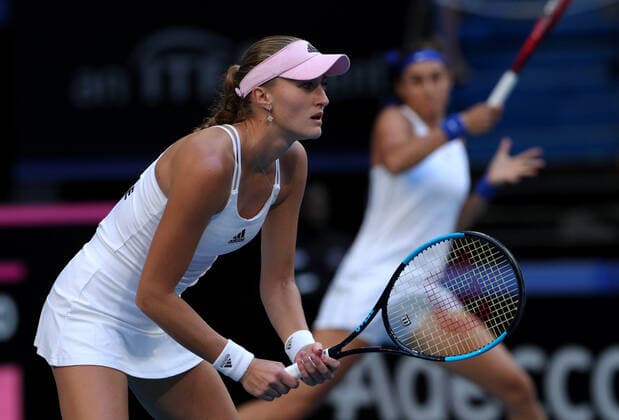 TENNIS FED CUP FINAL, Caroline Garcia and Kristina Mladenovic of France in action during the doubles match against Ash Barty and Sam Stosur of Australia on day 2 of the Fed Cup Final tennis competition between Australia and France at RAC Arena in Perth, Sunday, November 10, 2019. ( NO ARCHIVING, EDITORIAL USE ONLY, NO USE IN BOOKS WITHOUT CONSENT PERTH WA AUSTRALIA  Copyright: xRICHARDxWAINWRIGHTx 20191110001431874658