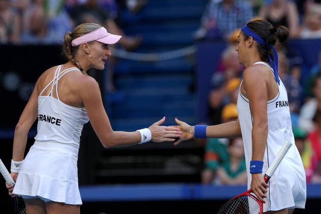 TENNIS FED CUP FINAL, Caroline Garcia and Kristina Mladenovic of France congratulate each other during the doubles match against Ash Barty and Sam Stosur of Australia on day 2 of the Fed Cup Final tennis competition between Australia and France at RAC Arena in Perth, Sunday, November 10, 2019. ( NO ARCHIVING, EDITORIAL USE ONLY, NO USE IN BOOKS WITHOUT CONSENT PERTH WA AUSTRALIA  Copyright: xRICHARDxWAINWRIGHTx 20191110001431874688